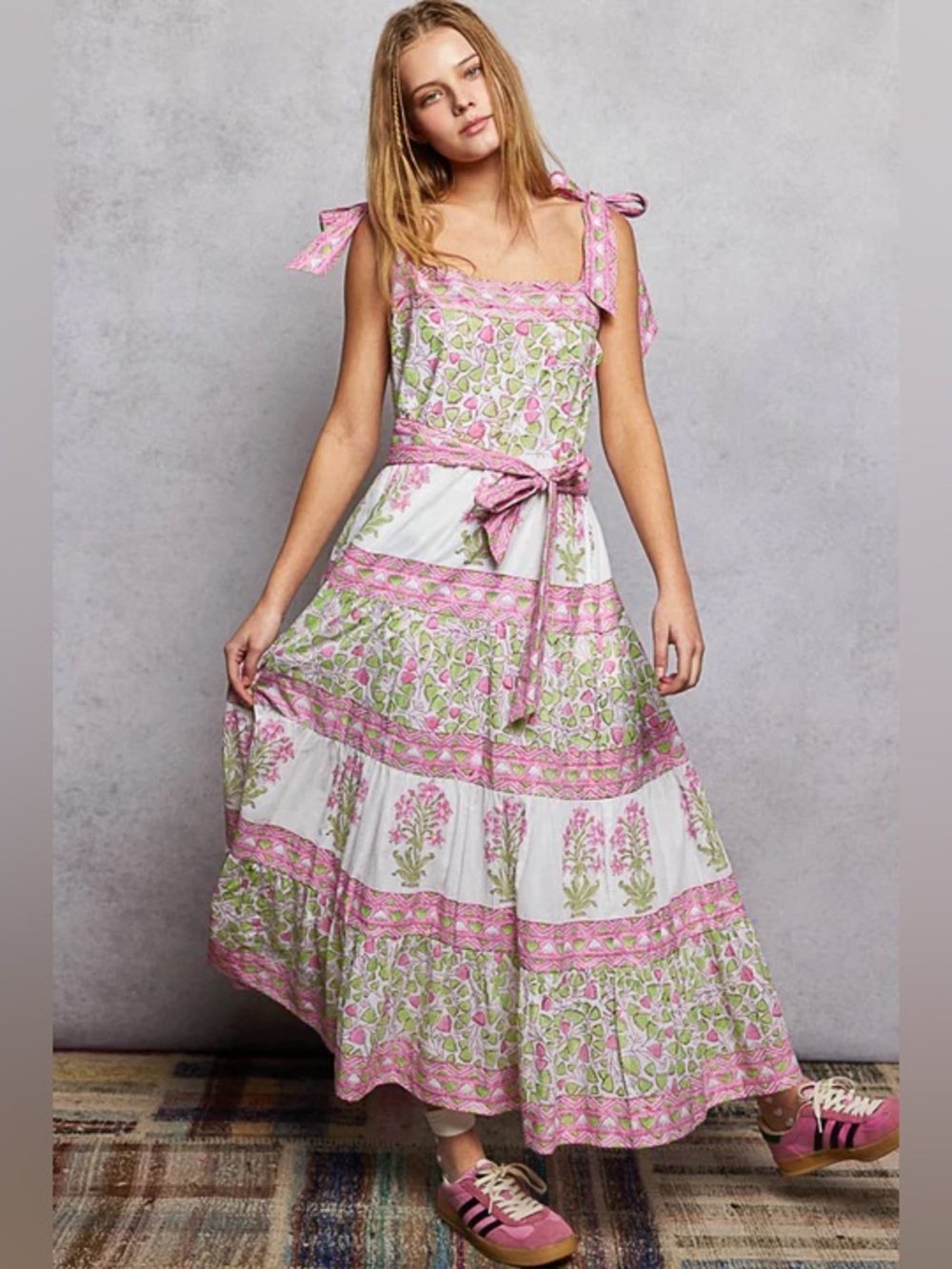 NWT POL 100% Cotton Pink and White Floral Tie-Shoulder Maxi Dress